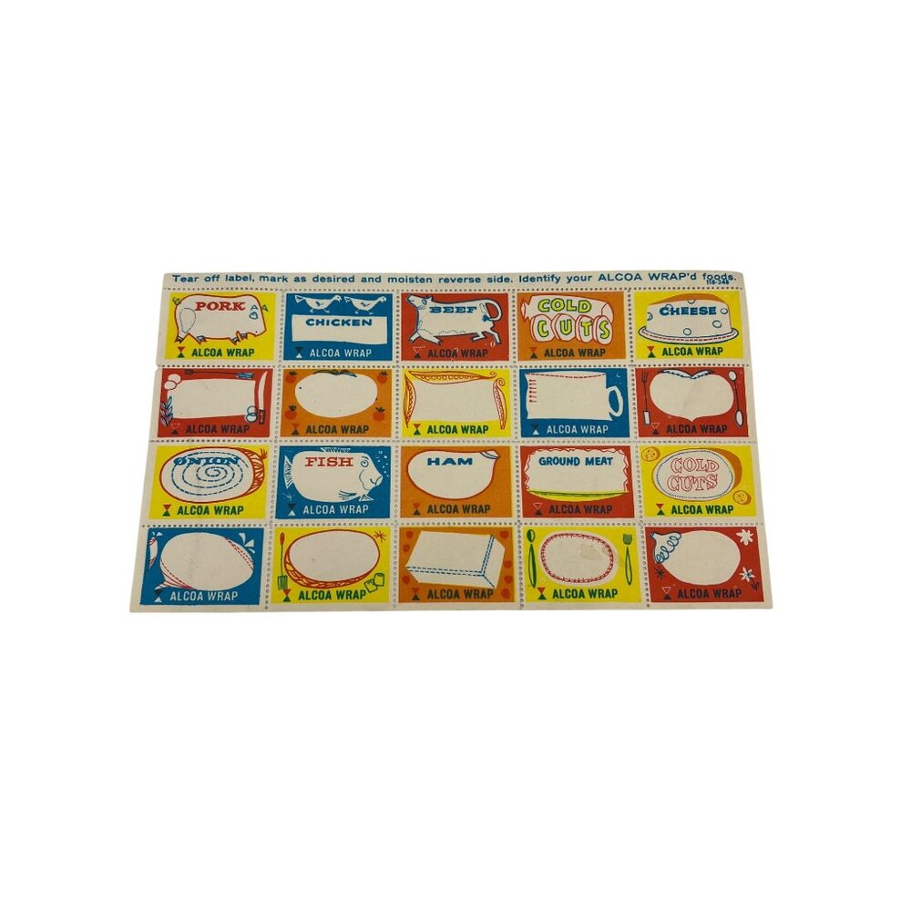 Vintage Alcoa Wrap Food ID Gummed Stamp Set 20 Labels 1960s Kitchen Decor